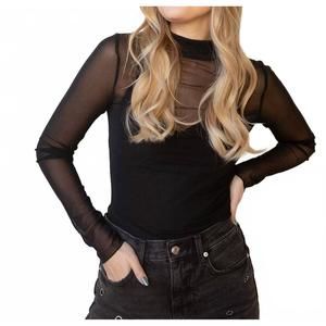 Astr Sheer Mesh Long-Sleeve Black Bodysuit